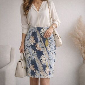 Bar III Floral Lace Pencil Skirt in Blue, Cream & Pink